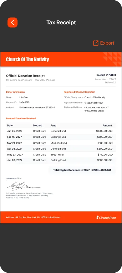The official donation receipt — itemized by fund, $2,050 total eligible donations