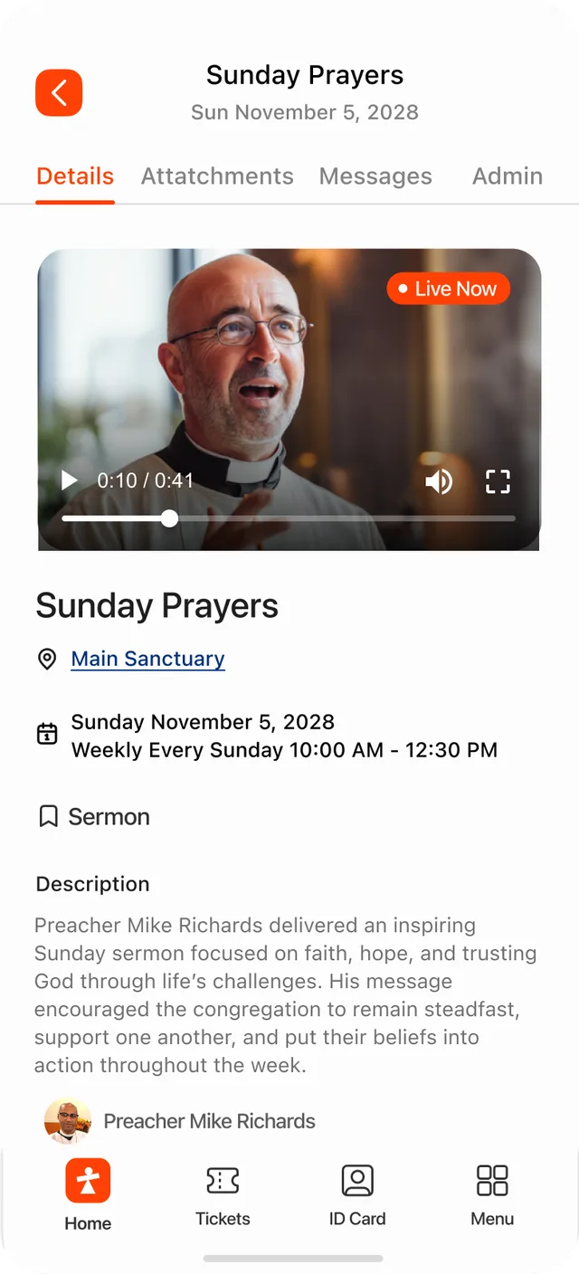 A liturgy in ChurchPlan with Details, Attachments, and Messages tabs