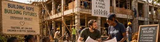 Volunteers and children at the Building Hope orphanage construction site
