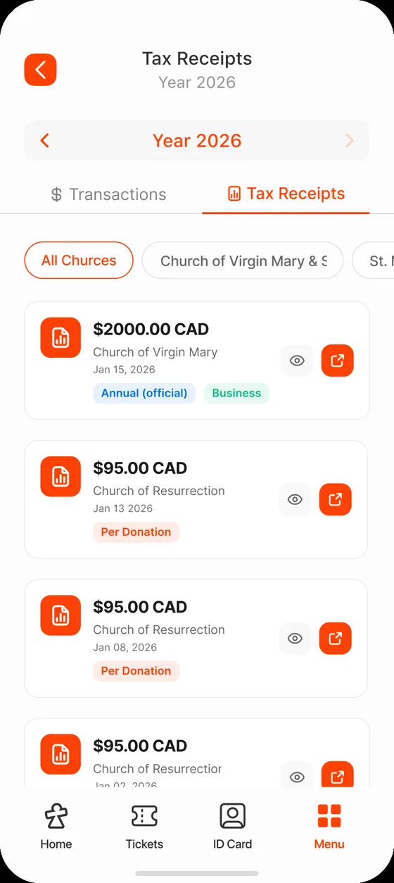 A member’s stored tax receipts across several years in the ChurchPlan App
