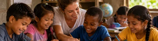 A volunteer teacher helping children with their schoolwork