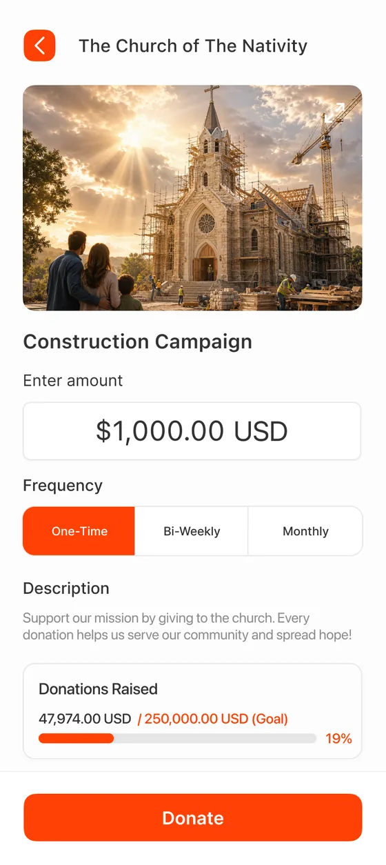 The Construction Campaign — $1,000, one-time, with the goal bar at 19%